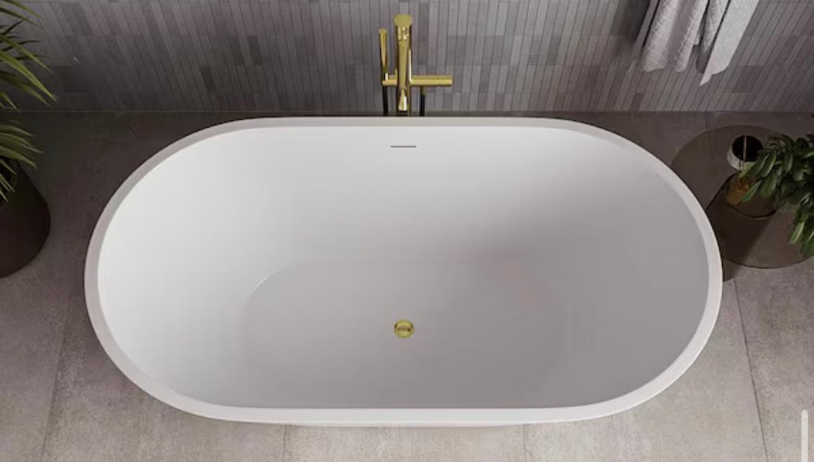 54 in. x 30 in. Acrylic Freestanding Soaking Bathtub in Glossy White with Polished Brass Drain