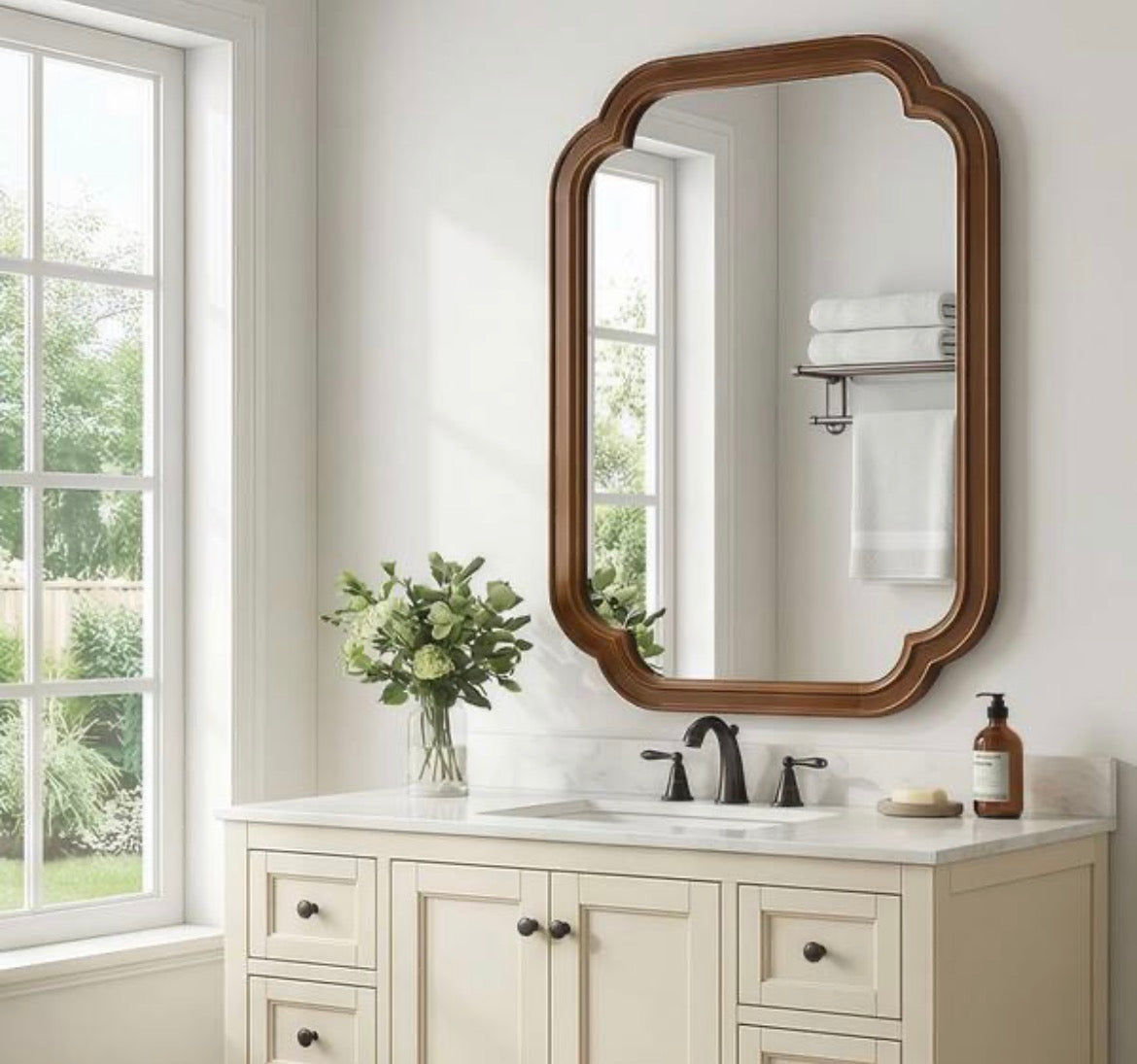 Mirrawood Black + Dark Walnut 20 in. W x 30 in. H Decorative Arched Wood Framed Wall Mirror