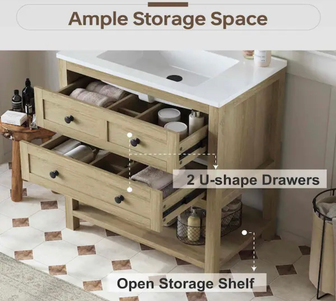 Shay 31 in. Single Sink Bath Vanity in Light Oak with White Engineered Solid Surface Top Unassembled