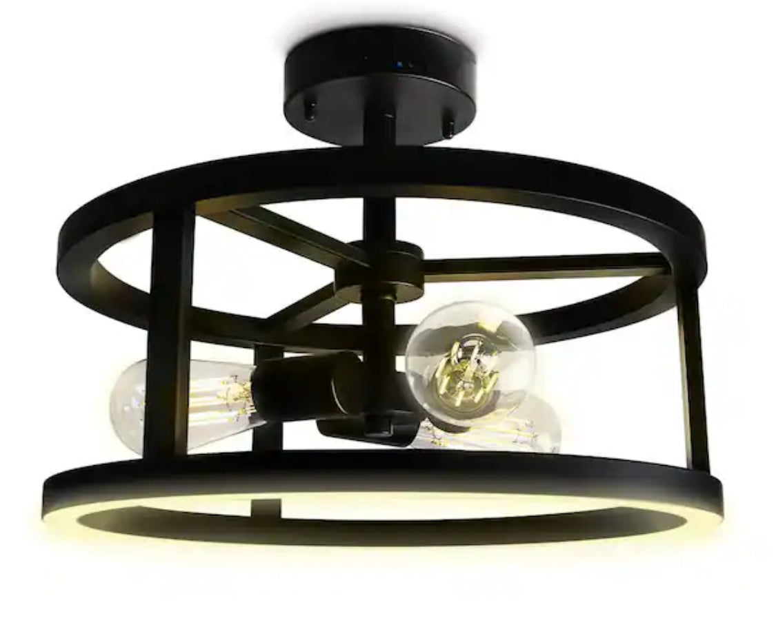 Katalyst 15 in. 3-Light Matte Black Color Choice Selectable CCT LED with Night Light Semi-Flush Mount Ceiling Light