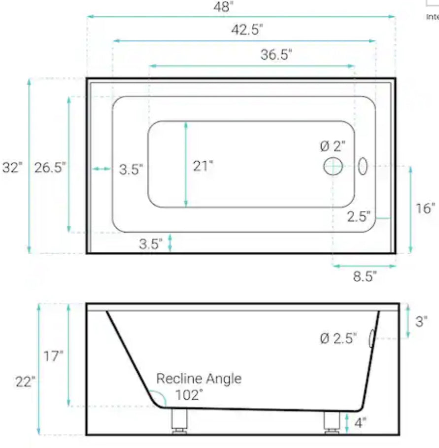 48 in. x 32 in. Right Drain Rectangular Alcove Bathtub in White