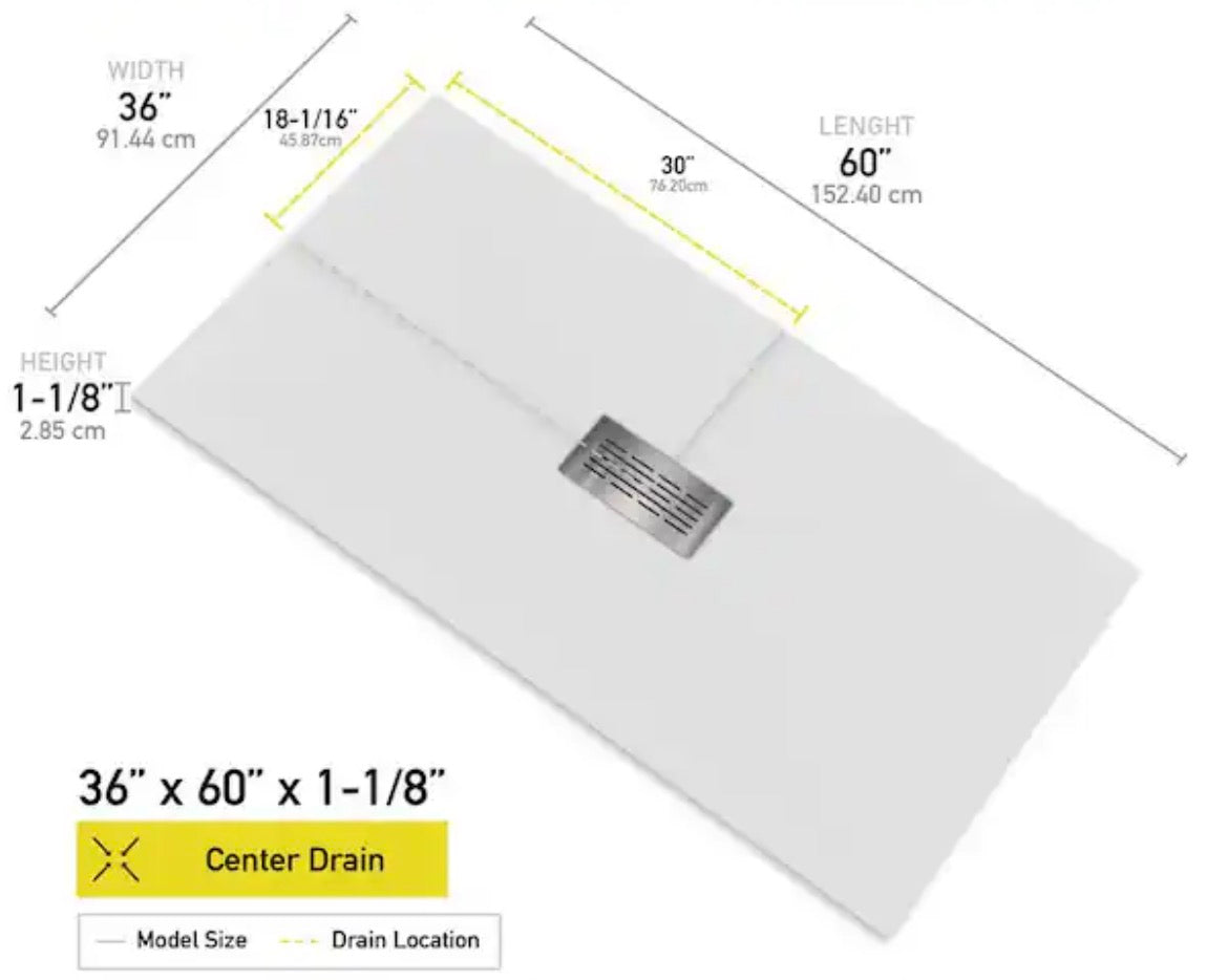 60 in. L x 36 in. W x 1.125 in. H Solid Composite Stone Shower Pan Base with Center Drain in White Sand