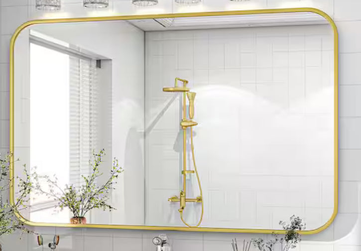30 in. W x 40 in. H Rectangular Modern Aluminum Alloy Framed Rounded Gold Wall Mirror