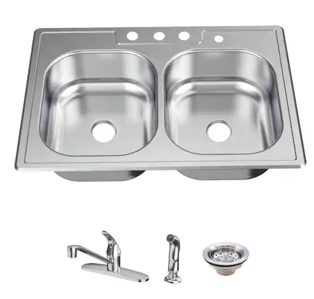 33 in. Drop-In 50/50 Double Bowl 20 Gauge Stainless Steel Kitchen Sink with Faucet and Sprayer
