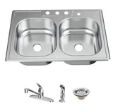 33 in. Drop-In 50/50 Double Bowl 20 Gauge Stainless Steel Kitchen Sink with Faucet and Sprayer