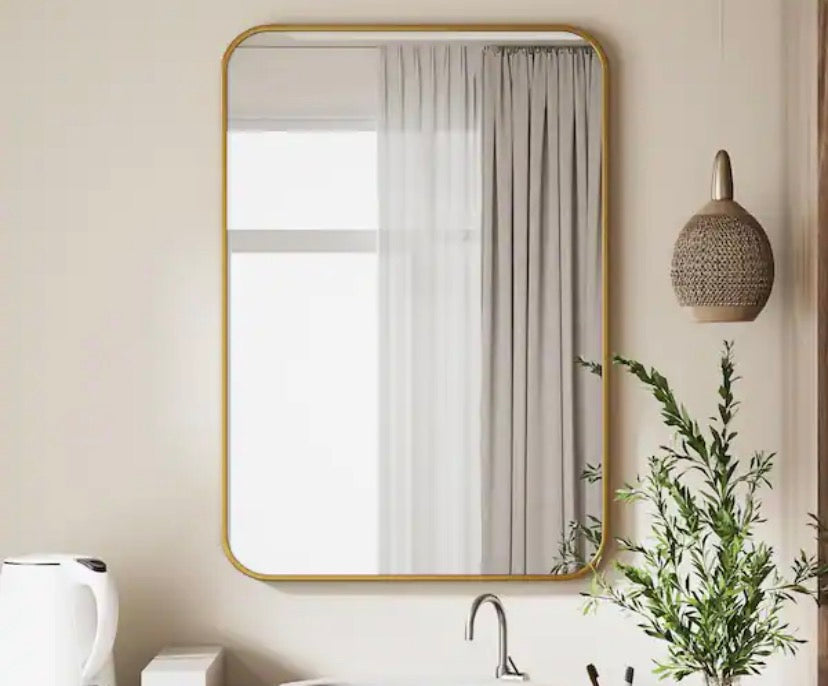 26 in. W x 37.8 in. H Rectangular Aluminum Alloy Framed Rounded Modern Gold Wall Mirror