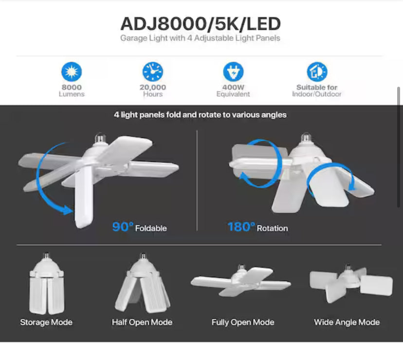 400-Watt Equivalent Indoor Garage 4-Panel Foldable LED Light Bulb, 5000K Daylight (1-Pack)