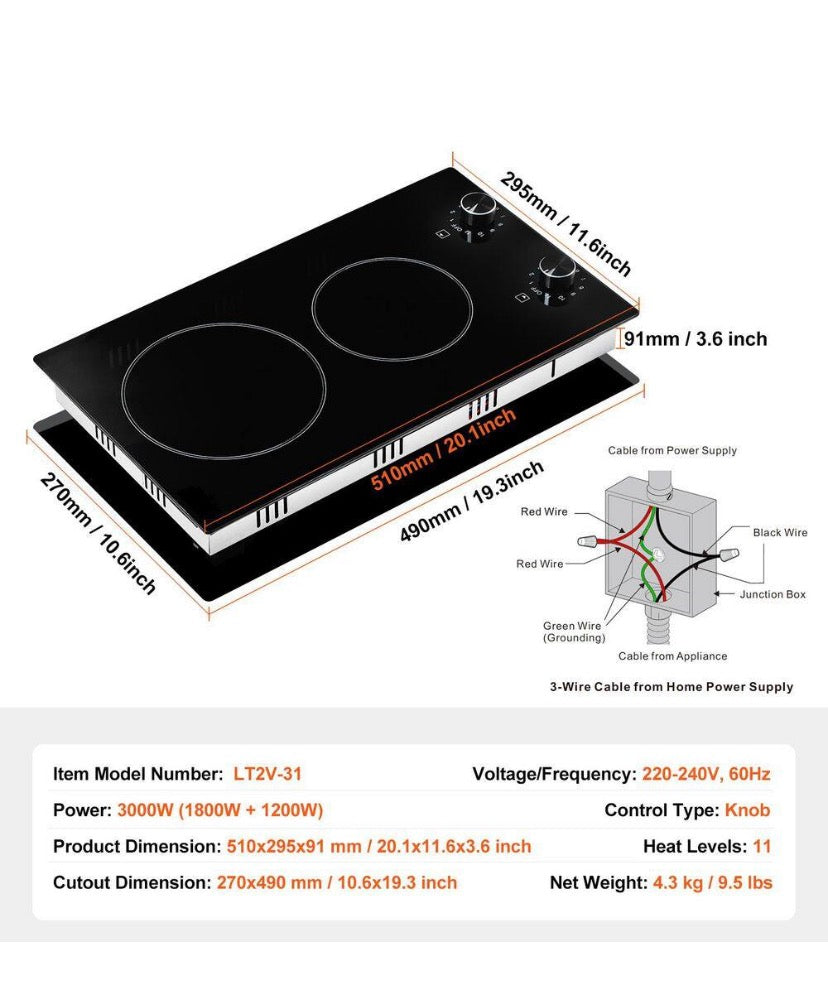 Electric Cooktop, 12 in. 2 Burners Built-in Electric Stove Top, 3000 W Ceramic Top Radiant Cooktop, with Glass Panel