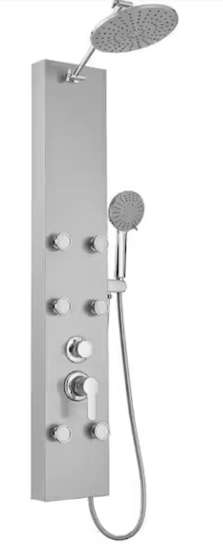 6-Jet Rainfall Shower Tower Shower Panel System with Rainfall Waterfall Shower Head and Shower Wand in Chrome Nickel