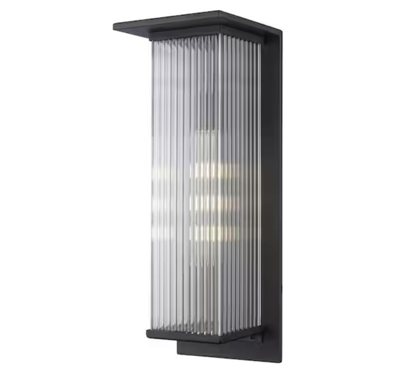 Jardine 20 in. 1-Light Black Modern Outdoor Wall Light Fixture with Clear Ribbed Glass
