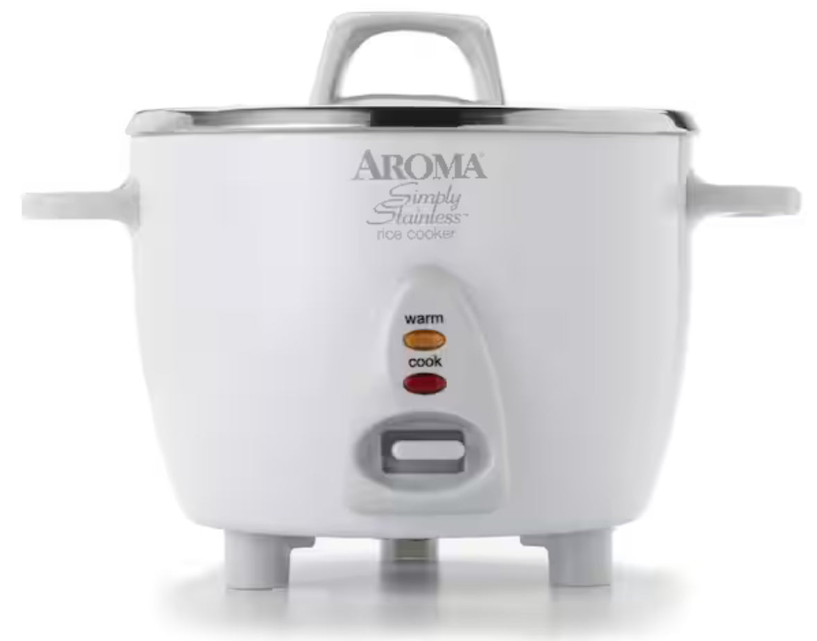 Simply 6-Cup Stainless Steel White Rice Cooker with Measuring Cup and Serving Spatula