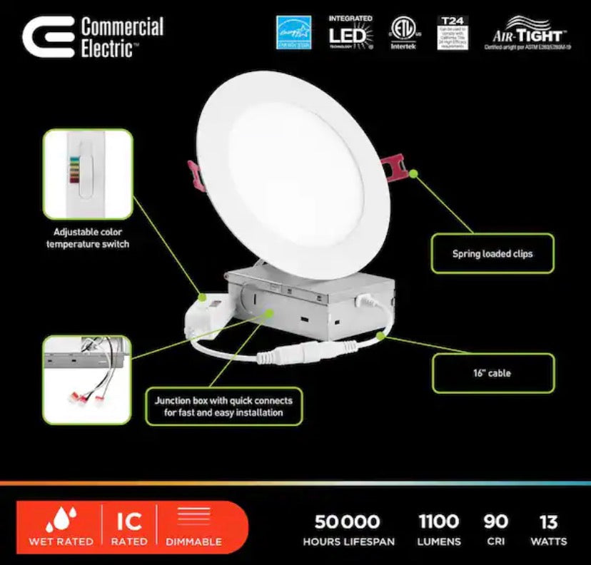 6 in. Builder Series Adjustable CCT Dimmable Integrated LED Canless Recessed Light for Kitchen Bathroom Living Room