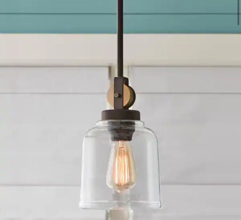 Knollwood 7 in. 1-Light Black Bronze Vintage Brass Accents Industrial Mini Pendant Light for Kitchen Bulb Included