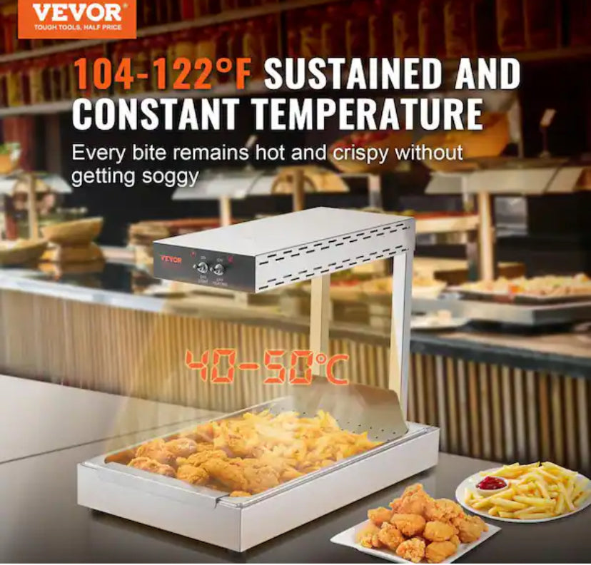 French Fry Food Warmer 12.99 in. x 22 in.Stainless Steel Food Heat Light with Countertop 104-122Â°F Fries, 750W