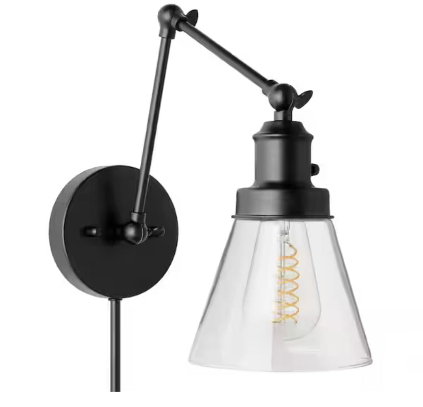 1-Light Black Plug-In or Hardwired Swing Arm Wall Lamp with 6 ft. Fabric Cord and Glass Shade