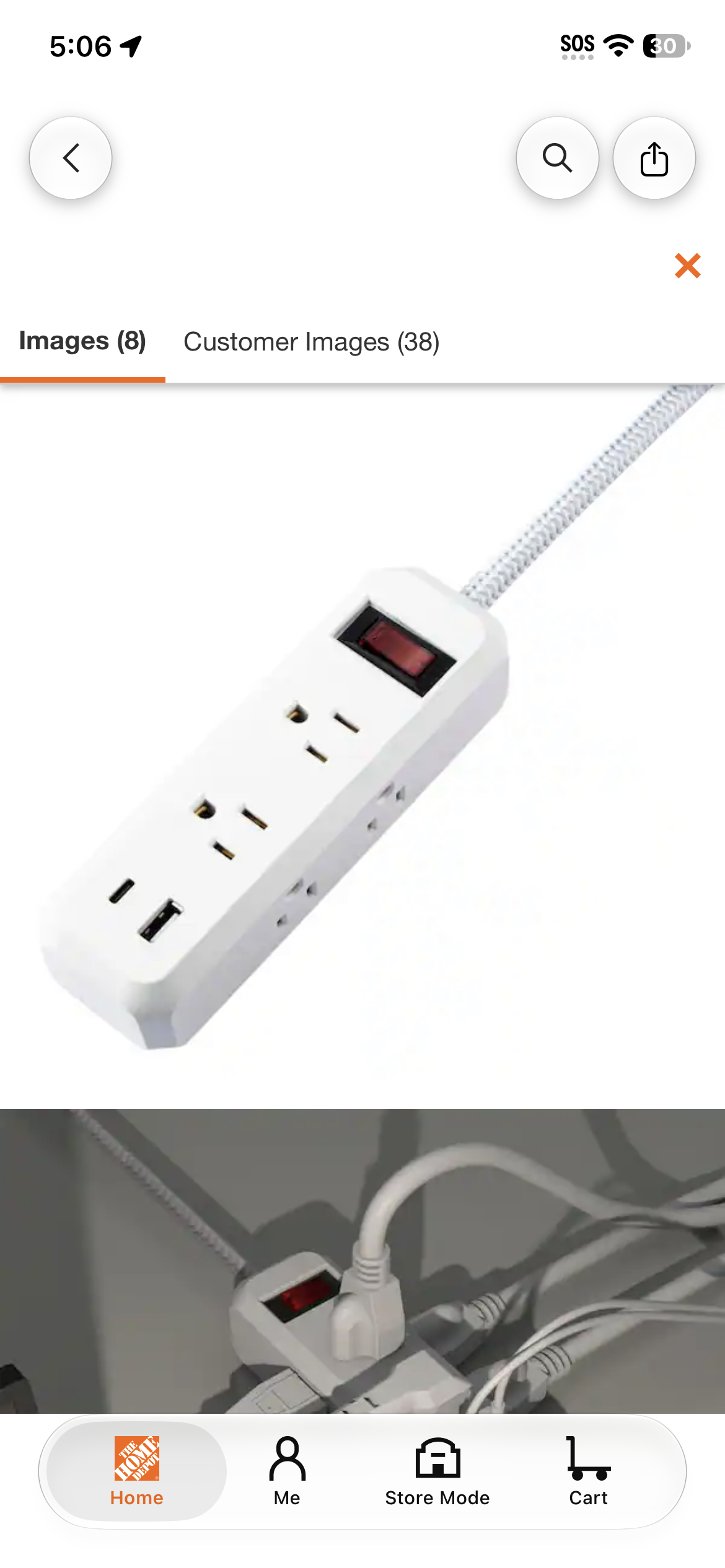 8-in-1 6-Outlet 5 ft. Power Strip with 2 USB Ports, White