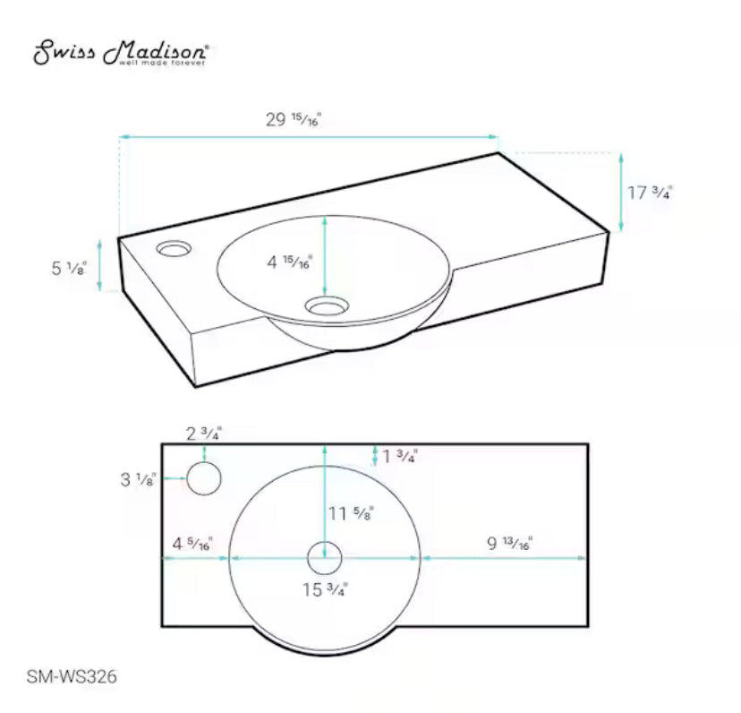 Chateau 29.31 in. Left Side Faucet Wall-Mount Ceramic Rectangular Bathroom Vessel Sink in Glossy White