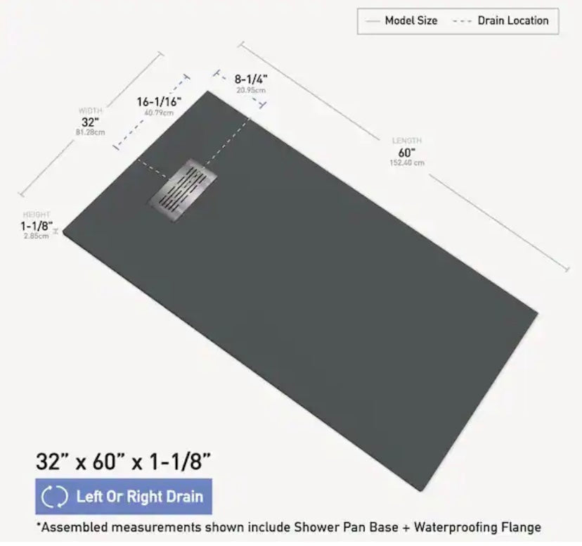 32 in. W x 60 in. L x 1.125 in. H Alcove Solid Composite Stone Shower Pan Base with L/R Drain in Graphite Sand