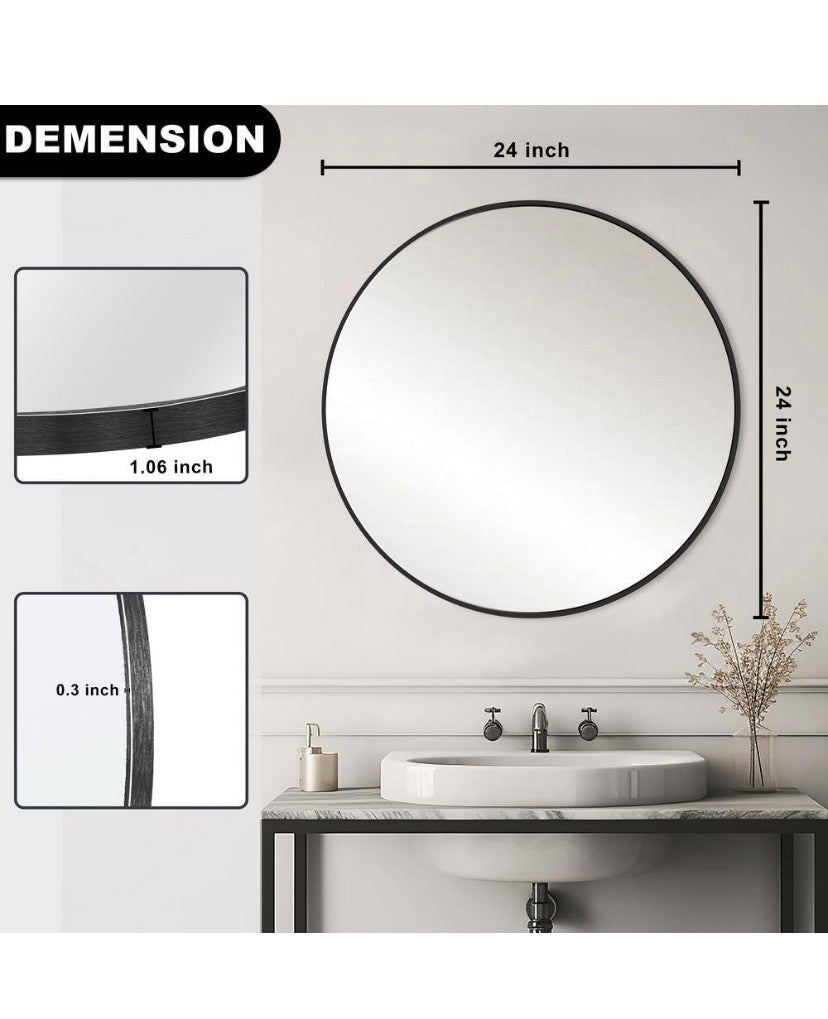 24 in. W x 24 in. H Black Vanity Round Wall Mirror Aluminium Alloy Frame Bathroom Mirror