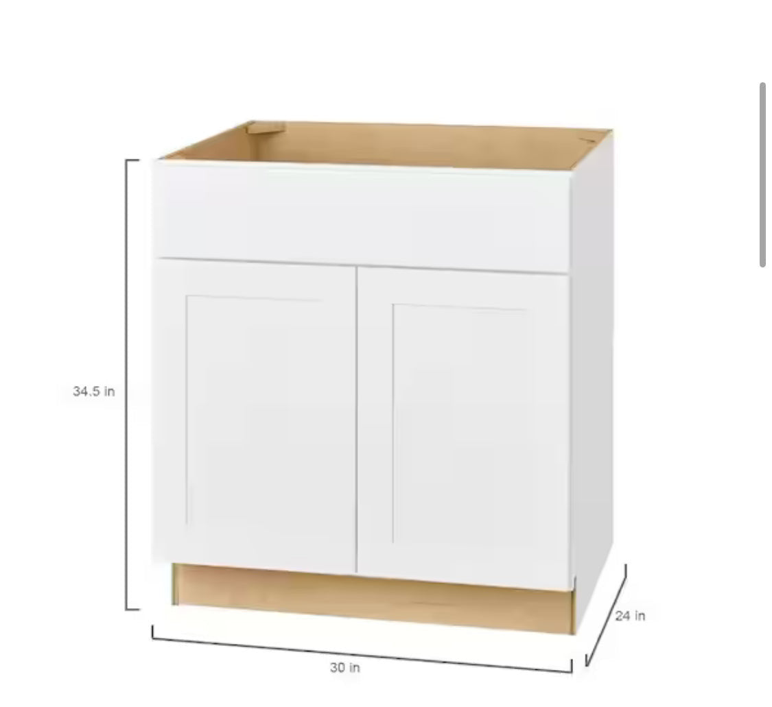 Avondale Shaker Alpine White Quick Assemble Plywood 30 in Sink Base Kitchen Cabinet (30 in W x 24 in D x 34.5 in H)