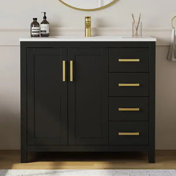 Raven 37 in. Single Sink Black Bath Vanity with White Engineered Solid Surface Top and 4 Drawers (Unassembled)