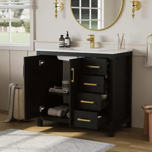 Raven 37 in. Single Sink Black Bath Vanity with White Engineered Solid Surface Top and 4 Drawers (Unassembled)