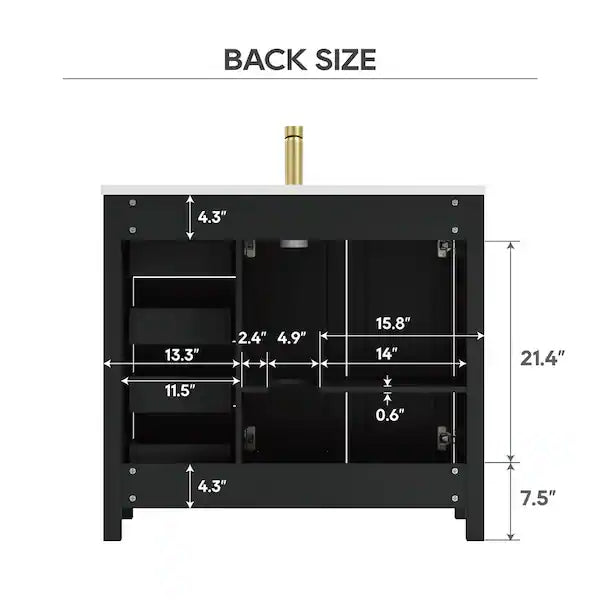 Raven 37 in. Single Sink Black Bath Vanity with White Engineered Solid Surface Top and 4 Drawers (Unassembled)