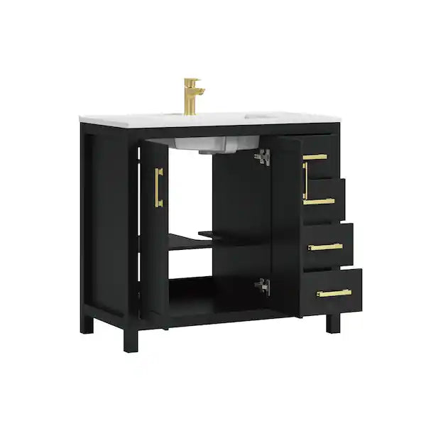 Raven 37 in. Single Sink Black Bath Vanity with White Engineered Solid Surface Top and 4 Drawers (Unassembled)