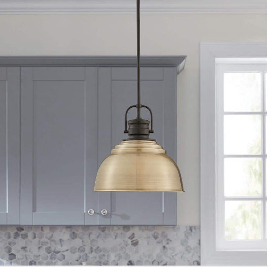 Shelston 13 in. 1-Light Antique Gold and Black Farmhouse Pendant Light Fixture with Metal Shade