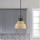 Shelston 13 in. 1-Light Antique Gold and Black Farmhouse Pendant Light Fixture with Metal Shade
