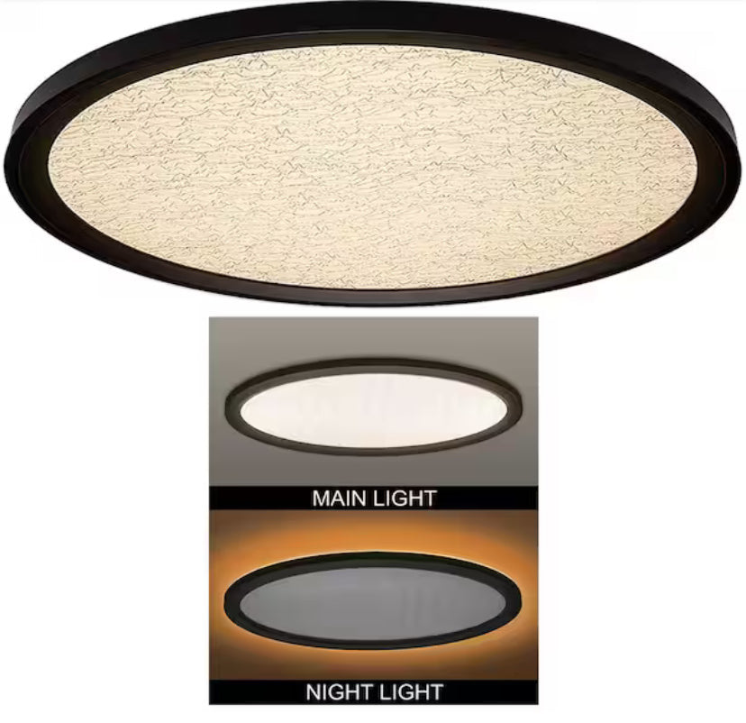 32 in. Low Profile Oval Oil Rubbed Bronze Faux Crackle Lens LED Flush Mount with Night Light Trim Adjustable CCT