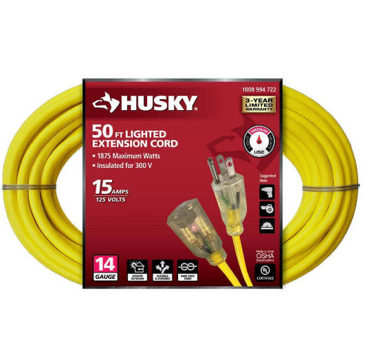50 ft. 14/3 Medium Duty Indoor/Outdoor Extension Cord with Lighted End, Yellow