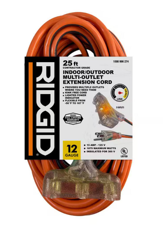 25 ft. 12/3 Heavy Duty Indoor/Outdoor Extension Cord with Lighted End, Orange/Grey