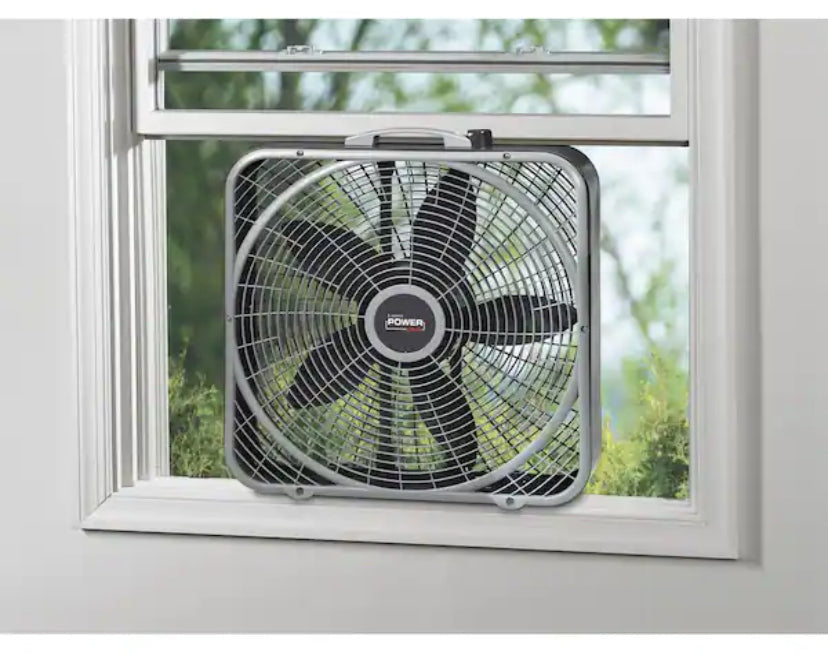 20 in. 3 Speeds Box Fan in Gray with Weather-Shield Design for Window Use, Energy Efficent, Carry Handle, Steel Body