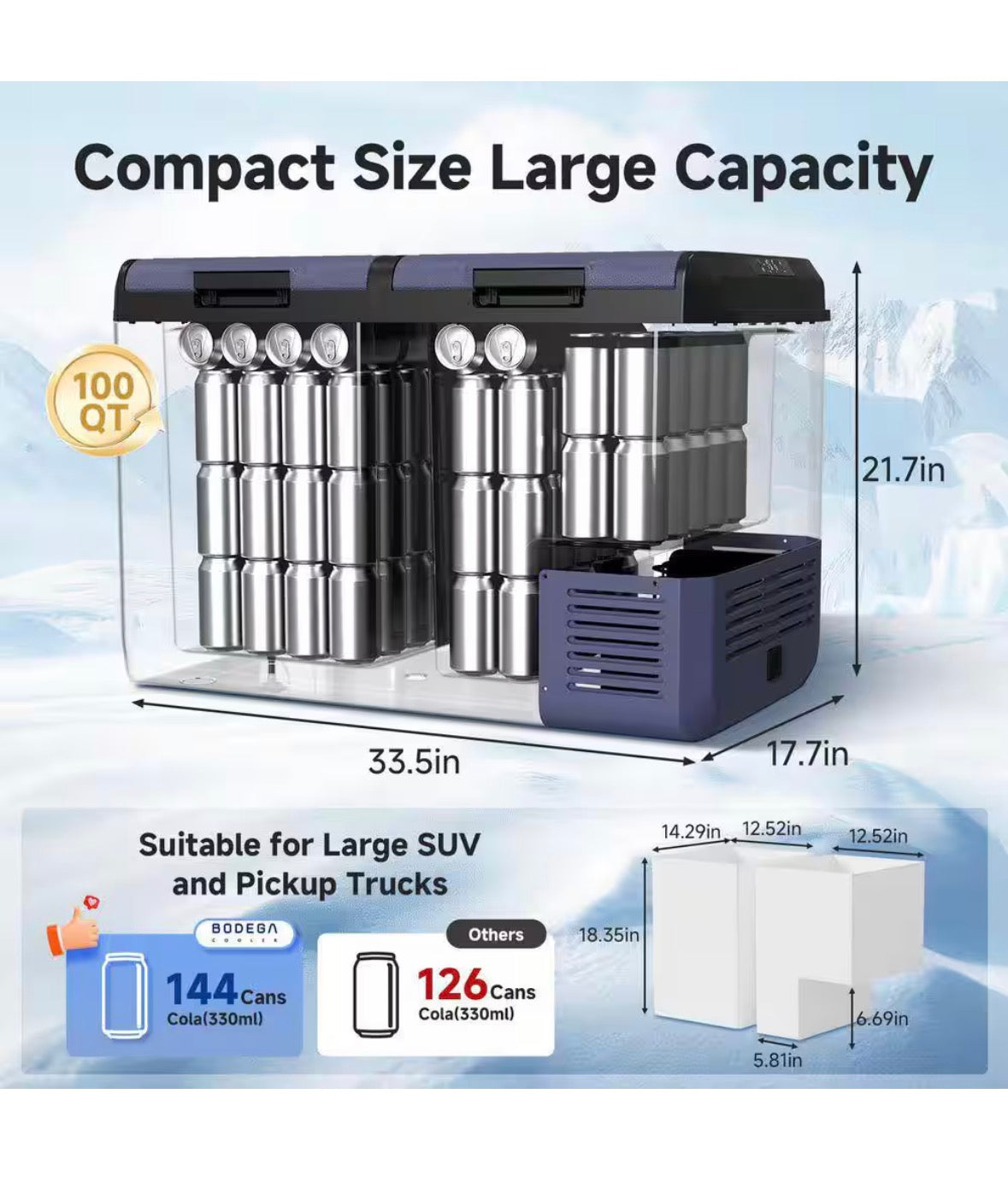 3.35 cu. ft. Dual Zone-4℉~68℉ Outdoor Refrigerator Car Cooler in Blue, 12/24V DC 110-240V AC for Travel