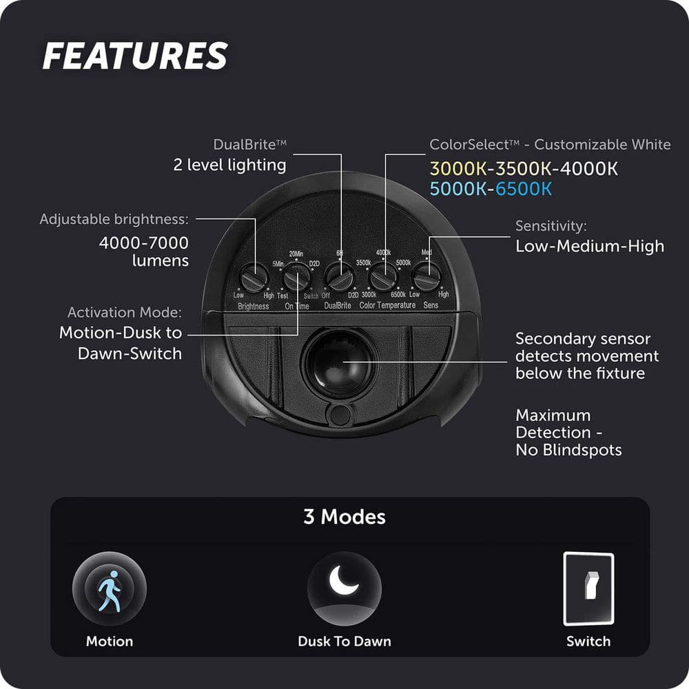 70-Watt 7000 Lumen 240° Black Motion Sensing Integrated LED Super Bright Flood Light with 5CCT and
