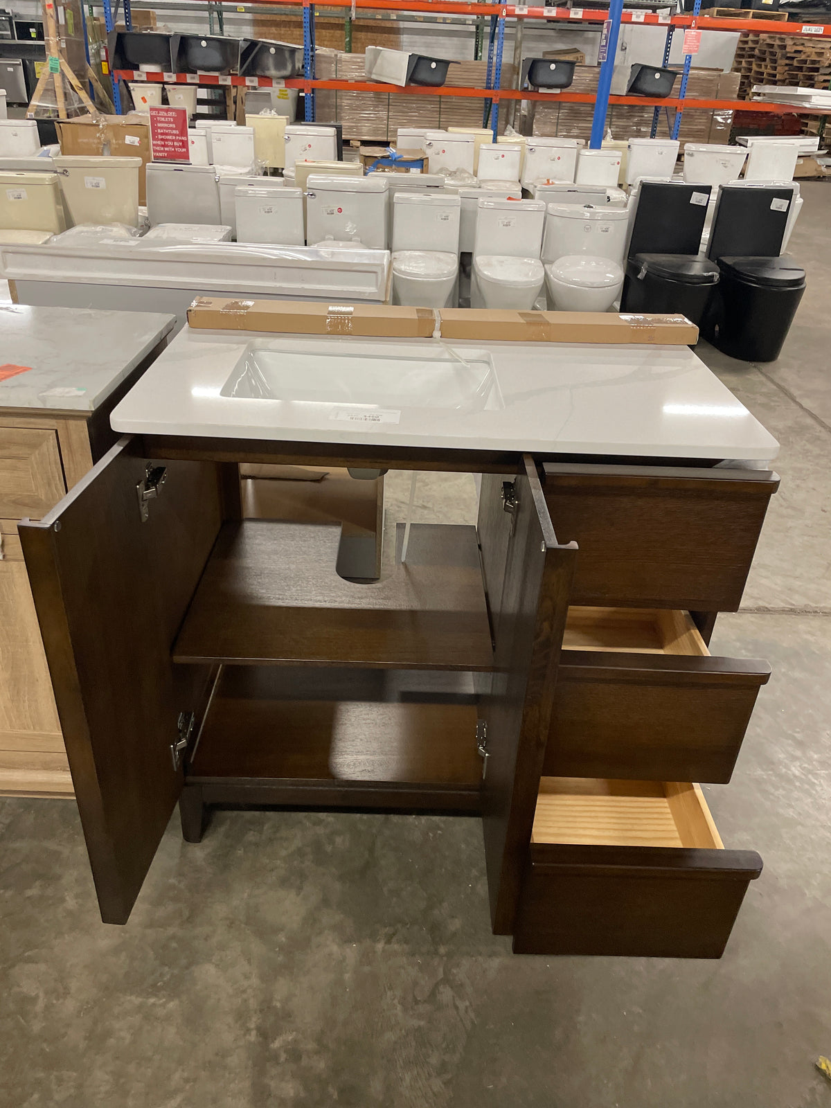 Sellan 37 in. Single Sink Freestanding Bathroom Vanity in Dark Walnut with Calacatta White Quartz Top (Assembled)
