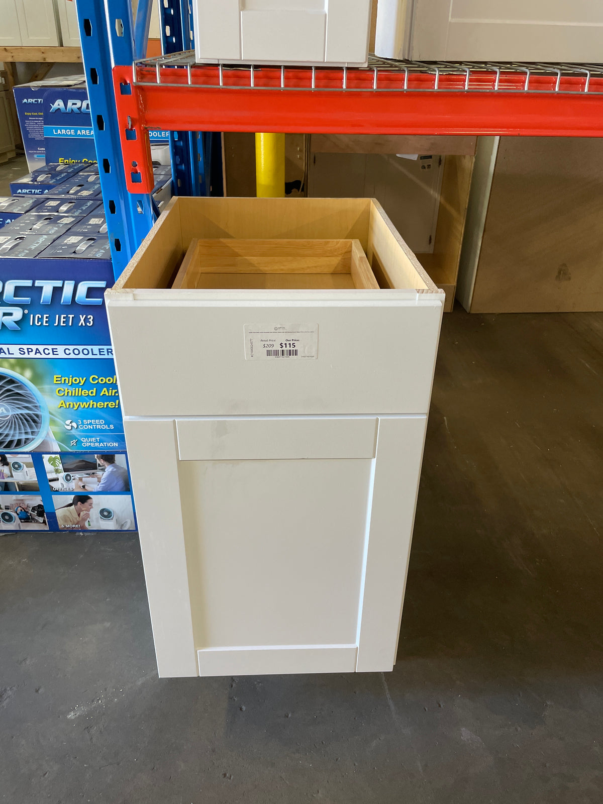 Shaker Satin White Stock Assembled Base Kitchen Cabinet with Ball-Bearing Drawer Glides (18 in. x 34.5 in. x 24 in.)