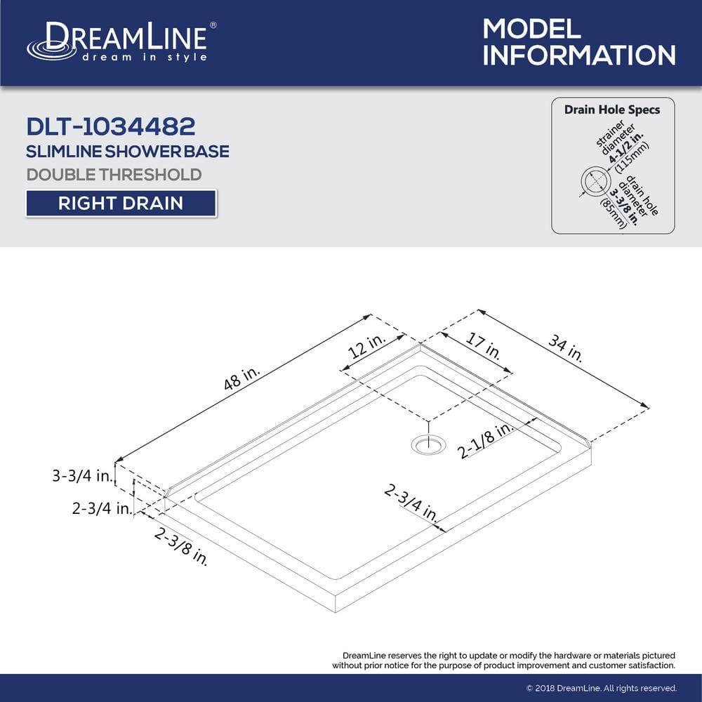 SlimLine 48 in.x 34 in. Double Threshold Shower Pan Base in White with Right Hand Drain