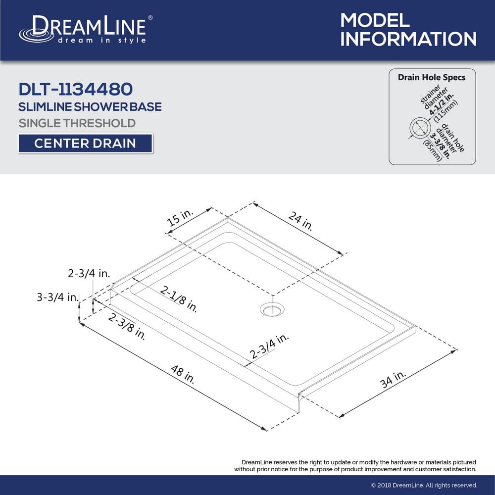 SlimLine 48 in. x 34 in. Single Threshold Alcove Shower Pan Base in White with Center Drain