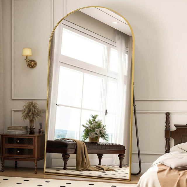 34 in. W x 76 in. H Arched Classic Gold Aluminum Alloy Framed Full Length Mirror Standing Floor Mirr