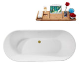 67 in. x 29 in. Acrylic Freestanding Soaking Bathtub in Glossy White with Brushed Gold Drain, Bamboo
