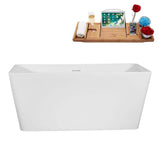 51 in. x 28 in. Acrylic Freestanding Soaking Bathtub in Glossy White with Matte Black Drain, Bamboo