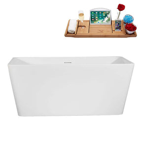 51 in. x 28 in. Acrylic Freestanding Soaking Bathtub in Glossy White with Matte Black Drain, Bamboo
