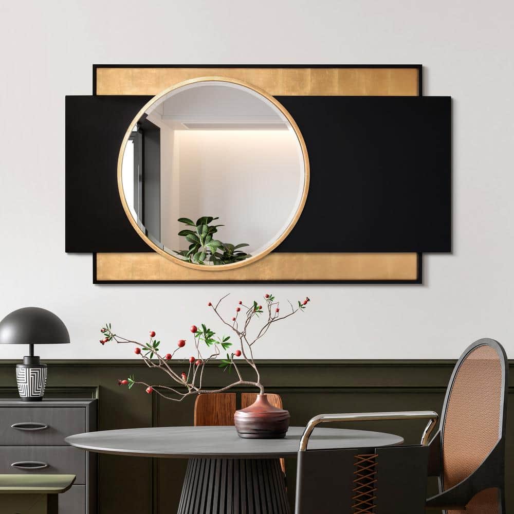"Gold and Black Wall Mirror", 37 in. x 65 in. Beveled Center Round Mirror Featuring a Black and Gold