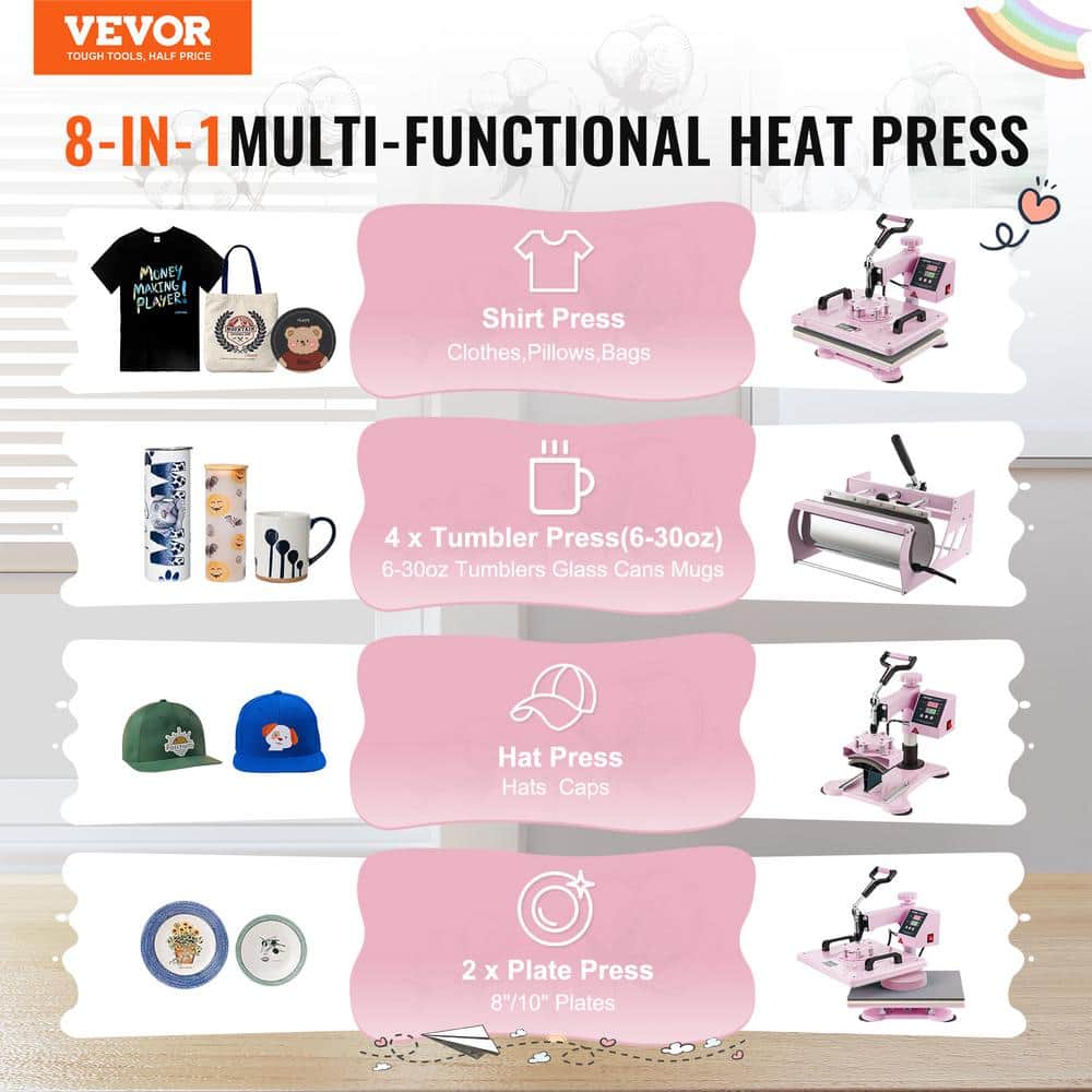 Heat Press Machine 12 x 15 in. 8 in 1 with 30 oz. Tumbler Press T-Shirts Pink