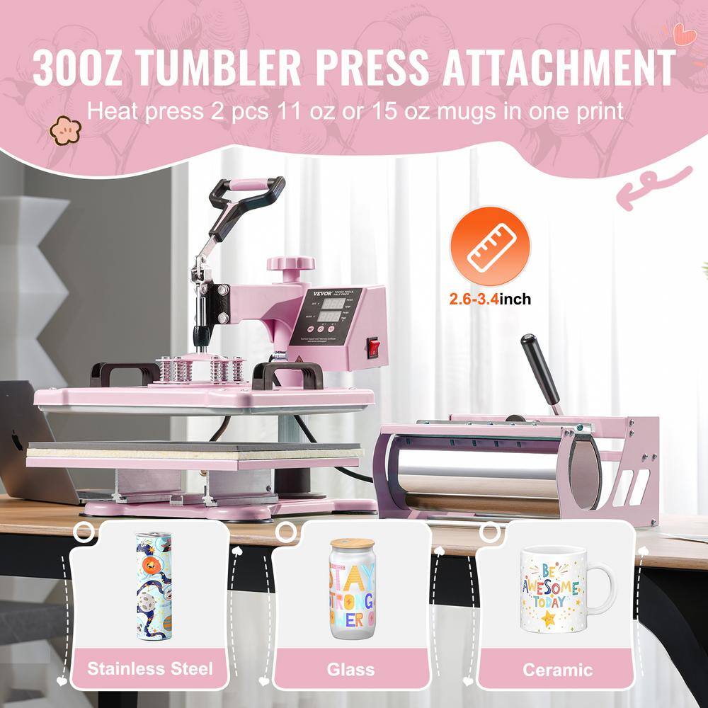 Heat Press Machine 12 x 15 in. 8 in 1 with 30 oz. Tumbler Press T-Shirts Pink