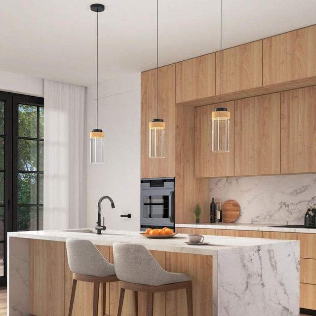 Hanson 14-Watt 1-Light Modern Black and Wood 5CCT Integrated LED Hanging Pendant Light with Clear