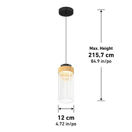 Hanson 14-Watt 1-Light Modern Black and Wood 5CCT Integrated LED Hanging Pendant Light with Clear