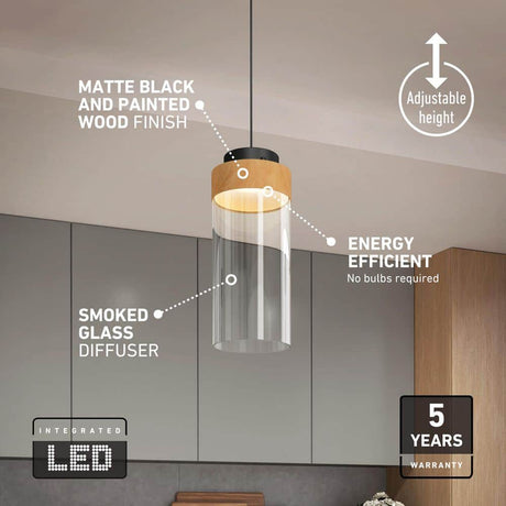 Hanson 14-Watt 1-Light Modern Black and Wood 5CCT Integrated LED Hanging Pendant Light with Clear